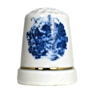 Victorian Medieval Village Blue Background Souvenir Porcelain Thimble