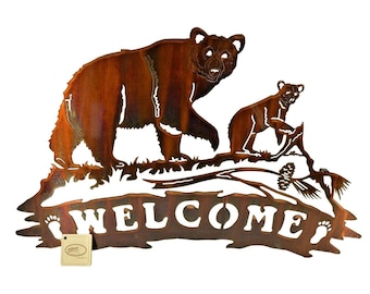 Bear Welcome Sign 20 inch Laser Cut Metal Decorative Hanging Wall Art Rustic
