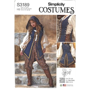 May include: Simplicity Costumes pattern S3189 featuring a hooded blue vest with gold trim, white long-sleeve shirt, and patterned brown pants. The vest has side lacing and a pointed hem. Includes a QR code for a sew-along video tutorial.