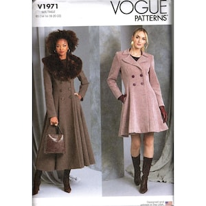 May include: Vogue Patterns sewing pattern featuring two double-breasted coats. One coat is brown with a faux fur collar, and the other is a pink coat. The pattern size is RS (14-16-18-20-22).