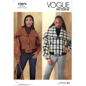 May include: Vogue Patterns sewing pattern featuring two jacket designs. One jacket is a brown leather-look with a wide collar, and the other is a black and white plaid jacket. The pattern includes sizes XS to XXXL.