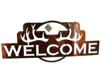 Lazart Welcome Antlers 28 inch Metal Decorative Hanging Wall Art Rustic, Lodge