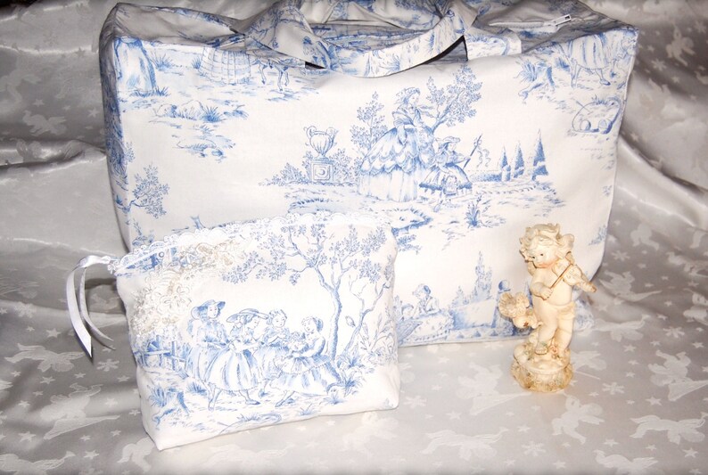 Sac de voyage shabby toile de Jouy bleu ciel et blanc image 2