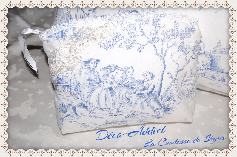 Sac de voyage shabby toile de Jouy bleu ciel et blanc image 4