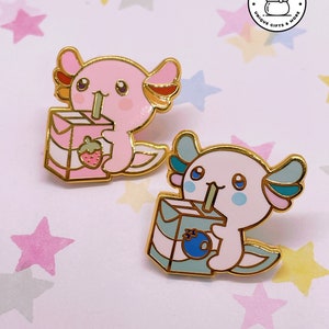 Juice box Axolotl enamel pin - kawaii axolotl, kawaii pin, axolotl, hard enamel pin, food pin, gold plated pin, cute axolotl badge