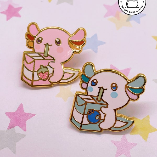 Juice box Axolotl enamel pin - kawaii axolotl, kawaii pin, axolotl, hard enamel pin, food pin, gold plated pin, cute axolotl badge