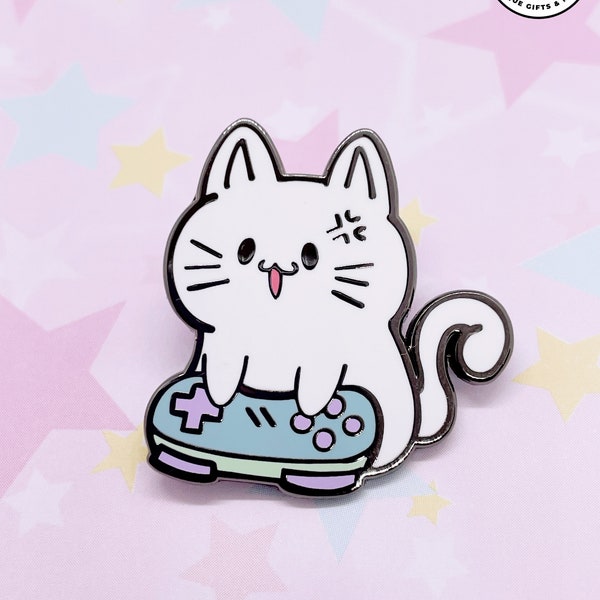 Kawaii gamer cat pin, black nickel finish, cute, funny gift, anime pin, gamer gift, anime art, harajuku, Japanese pop art