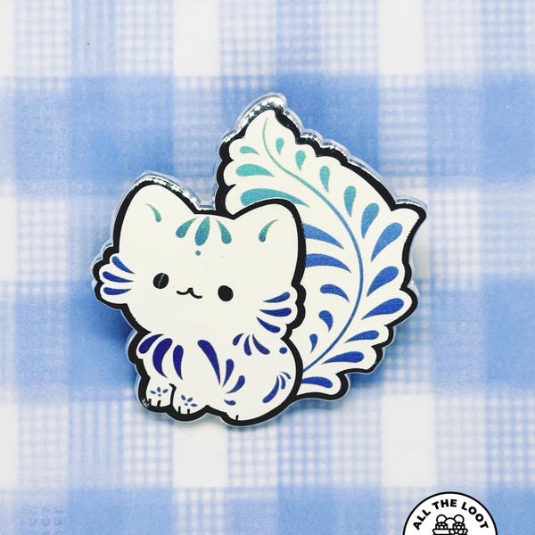 Kawaii Talavera Cat Pin, Whimsical Blue Leaf Cat Enamel Pin,Adorable Feline pattern, Cute Mexican Kitty Enamel Pin, cute cat art, cat pin