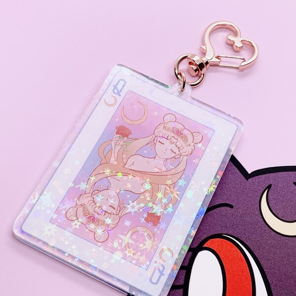Neo queen serenity player card keychain - sailor moon, holographic star pattern, rose gold heart clasp