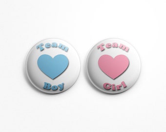 Valentine's Inspired Team Boy Team Girl Gender Reveal button pin set; FREE SHIPPING, gender reveal; baby shower, heart buttons; pink, blue