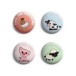 May include: Four round buttons with colorful backgrounds and white text. Each button features a different farm animal: a chicken, a cow, a pig, and a sheep. The text on each button reads "Save the [animal name]"