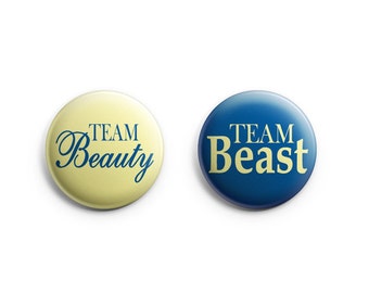 Team Beauty Team Beast Gender Reveal button pin set; FREE SHIPPING, gender reveal; baby shower, beauty; beast pinback buttons; Yellow, blue