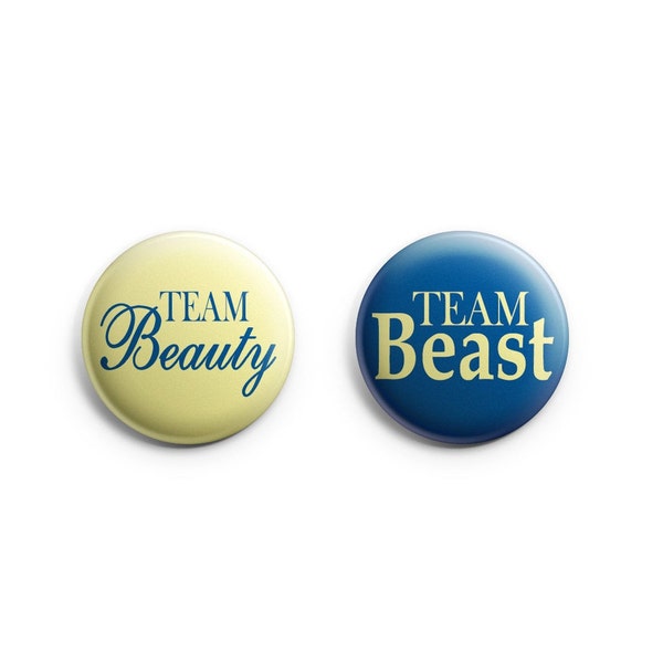 Team Beauty Team Beast Gender Reveal button pin set; FREE SHIPPING, gender reveal; baby shower, beauty; beast pinback buttons; Yellow, blue