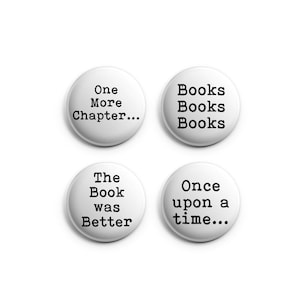 book lovers button pin set; book lover; books, read; typewriter font reader pinback buttons; book lover gift idea; badge, book lovers quotes
