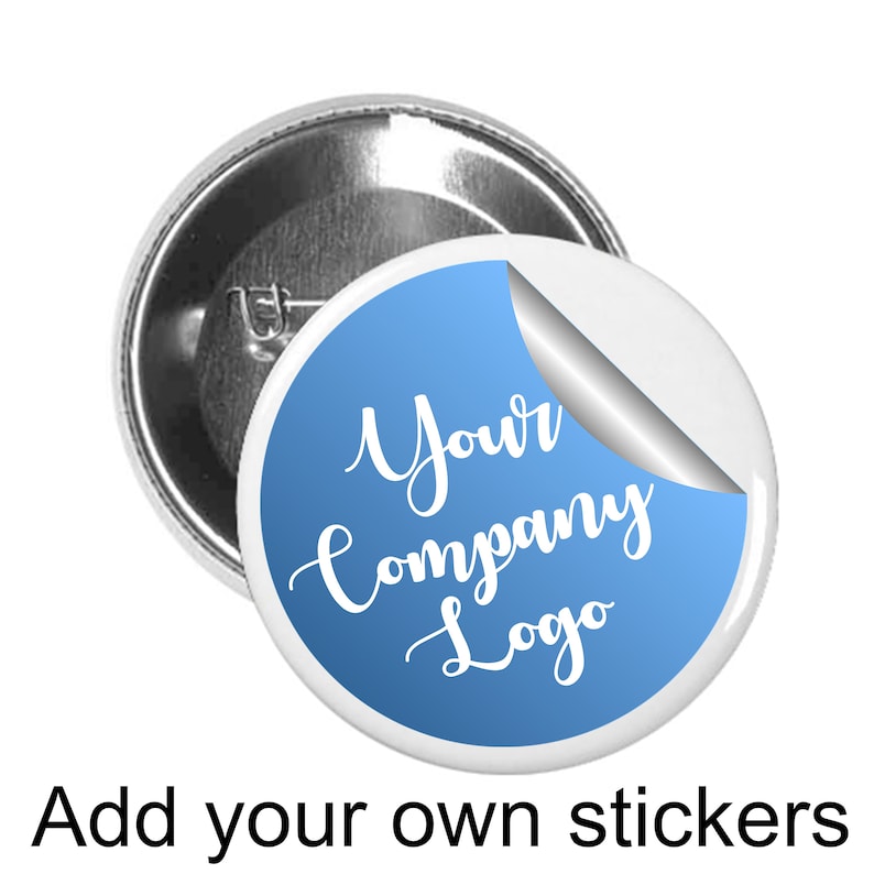 May include: A white button with a blue circle in the center. The circle has the text "Your Company Logo" in white cursive writing.