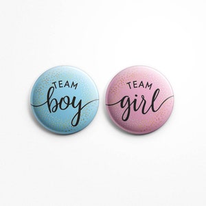 Team Girl Team Boy Gender Reveal button pin set; FREE SHIPPING, gender reveal; baby shower, shower buttons; baby blue, pink, pinback