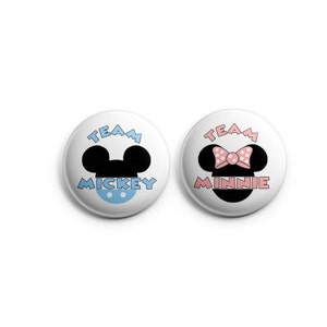 Team Mickey Team Minnie Gender Reveal button pin set; FREE SHIPPING, gender reveal; baby shower, disney theme buttons, baby blue, pink