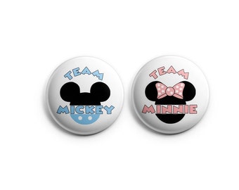 Team Mickey Team Minnie Gender Reveal button pin set; FREE SHIPPING, gender reveal; baby shower, disney theme buttons, baby blue, pink