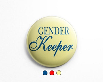 Gender Keeper button pin; gender reveal pin; baby shower; (team beauty, team beast) gender reveal theme ideas, baby, yellow, red, blue