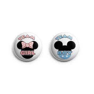Team Girl Team Boy Gender Reveal button pin set; FREE SHIPPING, gender reveal; baby shower, Mickey; Minnie pinback buttons; baby blue, pink