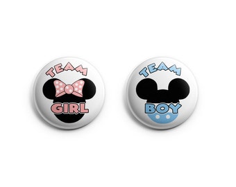 Team Girl Team Boy Gender Reveal button pin set; FREE SHIPPING, gender reveal; baby shower, Mickey; Minnie pinback buttons; baby blue, pink