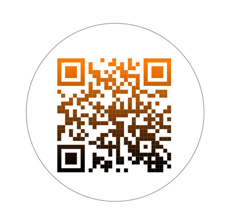 K&ouml;nnte beinhalten: Ein wei&szlig;er Kreis mit einem schwarzen und orangefarbenen QR-Code in der Mitte.
