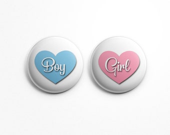 Hearts Valentine's Inspired Boy Girl Gender Reveal button pin set; FREE SHIPPING, gender reveal; baby shower, pink, blue; hearts baby shower