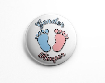 Gender Keeper button pin; gender reveal pin; baby shower; baby footprints gender reveal theme ideas, foot prints; boy girl; pink blue