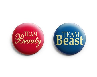 Team Beauty Team Beast Gender Reveal button pin set; FREE SHIPPING, gender reveal; baby shower, beauty; beast pinback buttons; red, blue