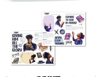 May include: Two watercolor prints with religious themes. One print reads "Coming to God in Prayer" and the other reads "Giving Him All The Glory." Both prints feature illustrations of people praying, Bibles, and inspirational text.