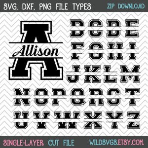 Puede incluir: Un alfabeto de fuente de monograma dividido en blanco y negro con una sola línea que separa la parte superior e inferior de cada letra. La letra A se muestra con el nombre Allison escrito a través de la línea. Las letras están en una fuente de estilo universitario.