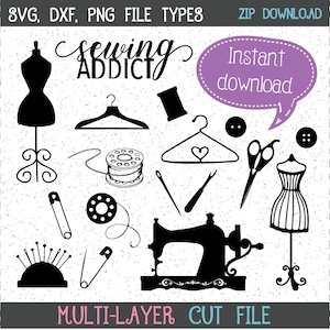 May include: Black and white silhouette design elements for sewing, including a sewing machine, a dress form, a spool of thread, a pin cushion, a hanger, and safety pins. The text "sewing addict" is written in a cursive font.