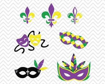 Mardi Gras Maske Clipart, Fleur de Lis SVG, PNG (digitaler Download)