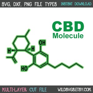 May include: A green line drawing of a CBD molecule with the text "CBD Molecule" in green letters.