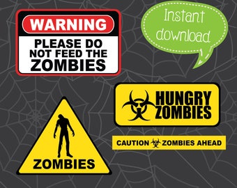 Imágenes prediseñadas de señales de advertencia de zombis, archivos de corte de Halloween (descarga digital)