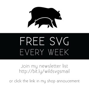 May include: Black and white illustration of a mother bear and her cub walking. Text reads "FREE SVG EVERY WEEK" and "Join my newsletter list http://bit.ly/wildsvgsmail or click the link in my shop announcement."