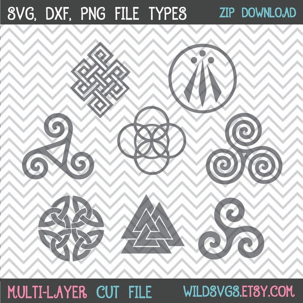 Celtic Symbol SVGs, Awen svg, valknut svg, eternity knot svg, spiral svg, triskele svg, triskelion svg, Cricut Cut File, Silhouette File