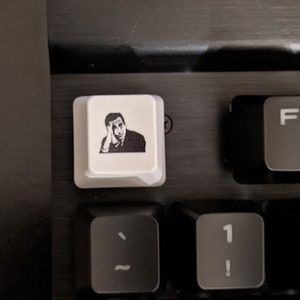 May include: A white keyboard key with a black and white image of a person with their hand on their forehead, looking exasperated.
