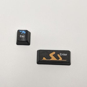 May include: Two black keyboard keys with white text and symbols. The key on the left says "Esc" and has a blue stick figure icon. The key on the right says "Enter" and has a brown stick figure icon.