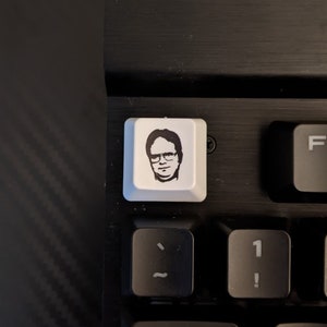 May include: A white keyboard key with a black and white image of a man wearing glasses. The key is labeled with the character "~" and is part of a black keyboard.
