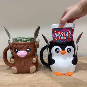 Portavasos de helado, animales adorables, opciones de vaca de las Tierras Altas y pingüinos
