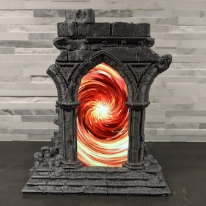 May include: A 3D printed grey stone archway with a swirling red and orange portal inside. The archway has a set of steps leading up to the portal.