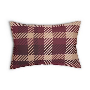 Neutral Burgundy Plaid Holiday Decorative Rectangle Throw Pillow, Living Room Couch Pillow, Autumn Office Decor, Cozy, Dorm Decor, Farmhouse