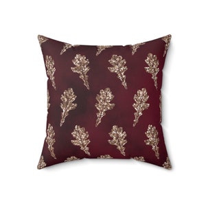 Burgundy and Gold Fall Foliage Decorative Throw Pillow with Leafy Design, Living Room Couch Pillow, Office Decor, Cozy Pillow, Dorm Decor