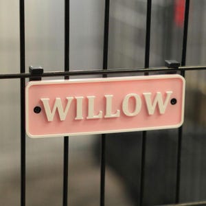 May include: A pink rectangular sign with the name "WILLOW" in white, mounted on a black wire grid. The sign has a white border and is secured with black clips. The background is a blurred, neutral color.