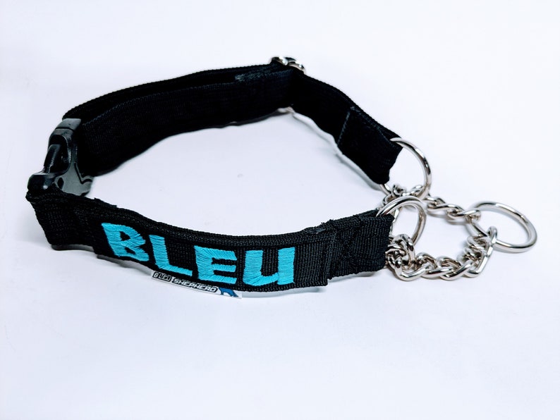 Puede incluir: Collar de perro de nylon negro con una cadena plateada y una inscripci&oacute;n azul "BLEU".