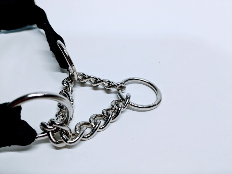 Puede incluir: Un collar de perro de nylon negro con una cadena plateada y dos anillos plateados.