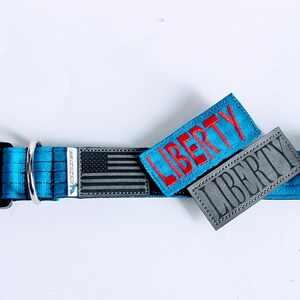 May include: A blue dog collar with a black buckle and silver hardware. The collar features a gray American flag patch and two patches that read "LIBERTY" in red and gray.
