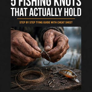 May include: A guide titled 5 FISHING KNOTS THAT ACTUALLY HOLD STEP BY STEP TYING GUIDE WITH CHEAT SHEET. The image shows a fishing hook, line, and lure on a wooden surface with the text THETRADESMANSHOP at the bottom of the graphic.