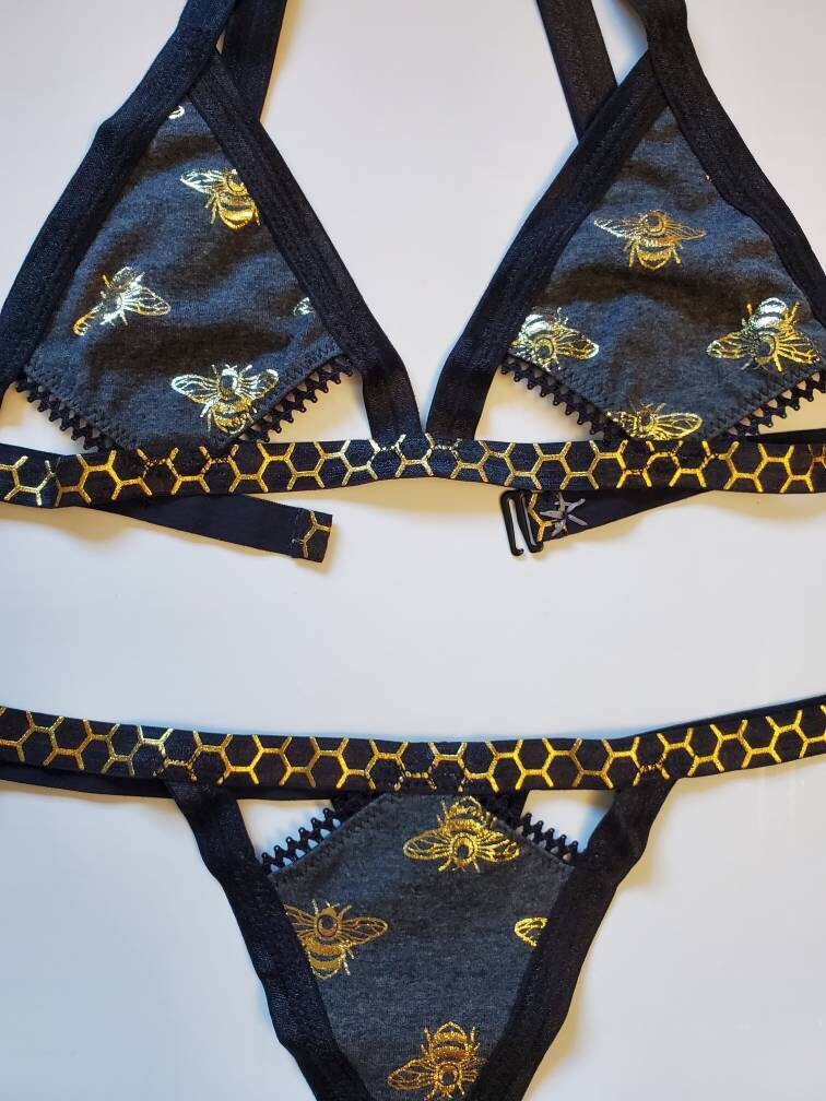 Limited Edition: Honey Bee Lingerie Set (Grey & Gold)